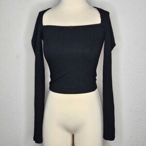 Garage Black Ribbed Square Neck Long Sleeve Top Off Shoulder Stretch XS NWT